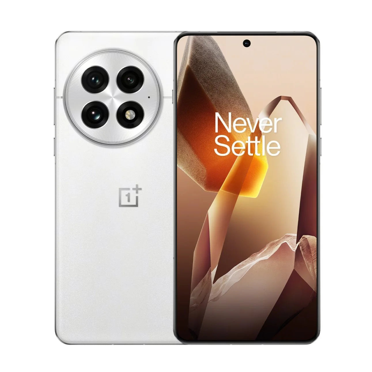 OnePlus 13 smartphone showing the rear camera array and the brand logo on a white background, with the display turned on showing the text 'Never Settle'.